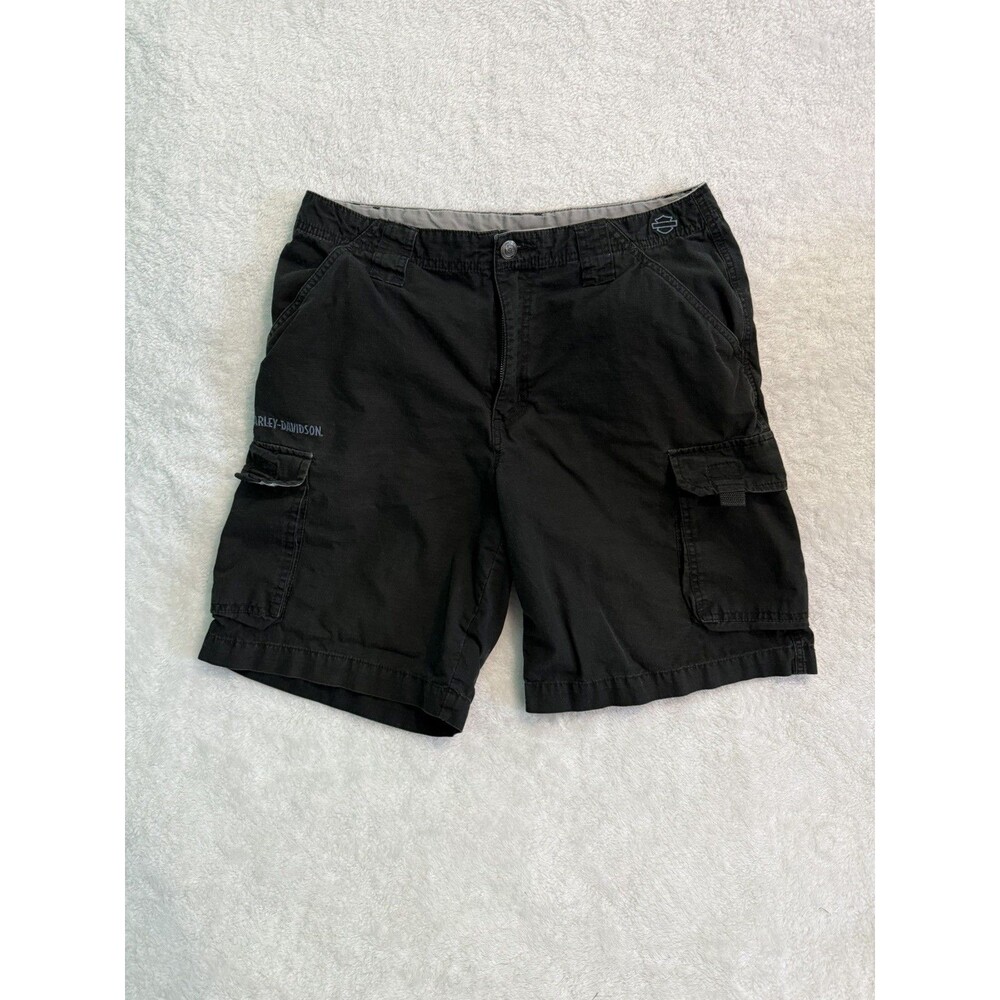 Y2K Harley Davidson Cargo Shorts Mens 32 Black Canvas Biker Motorcycle Casual